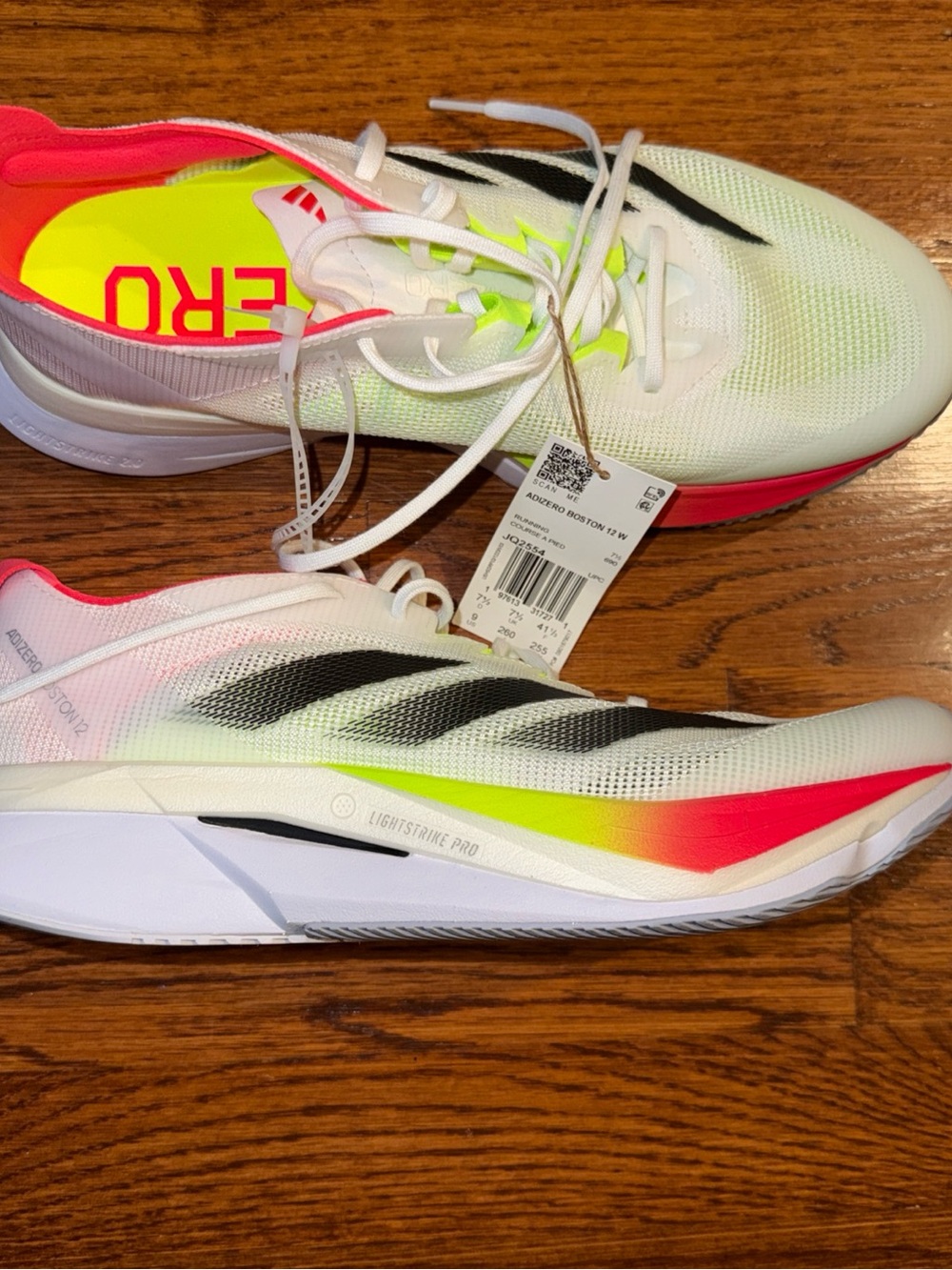 adidas Boston 12 Women’s White Running Sneakers with Neon Yellow, Pink Accents